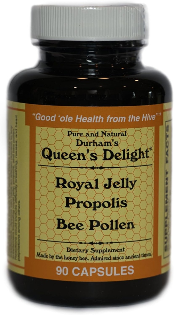 Durham's Queen's Delight (Royal Jelly 1000mg, Propolis 600mg, Beepollen 1500mg) in 3 dagelijkse capsules