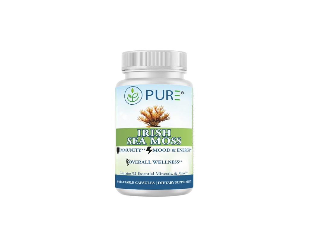 PURE® Irish Sea Moss 750mg - 60 Organic Capsules - Wildcrafted North Atlantic Superfood with 92 Essential Minerals - Thyroid, Immune & Energy Support - Made in the USA