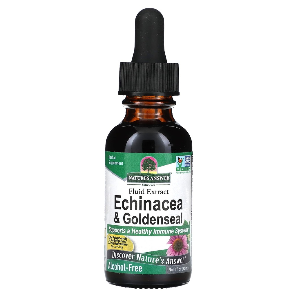 Réponse de la nature Enchinacea & Goldenseal (en anglais seulement) soutient un système immunitaire sain (en anglais seulement) Extrait pur super concentré (en anglais seulement) sans alcool, sans gluten, végétalien et kasher certifié 1oz