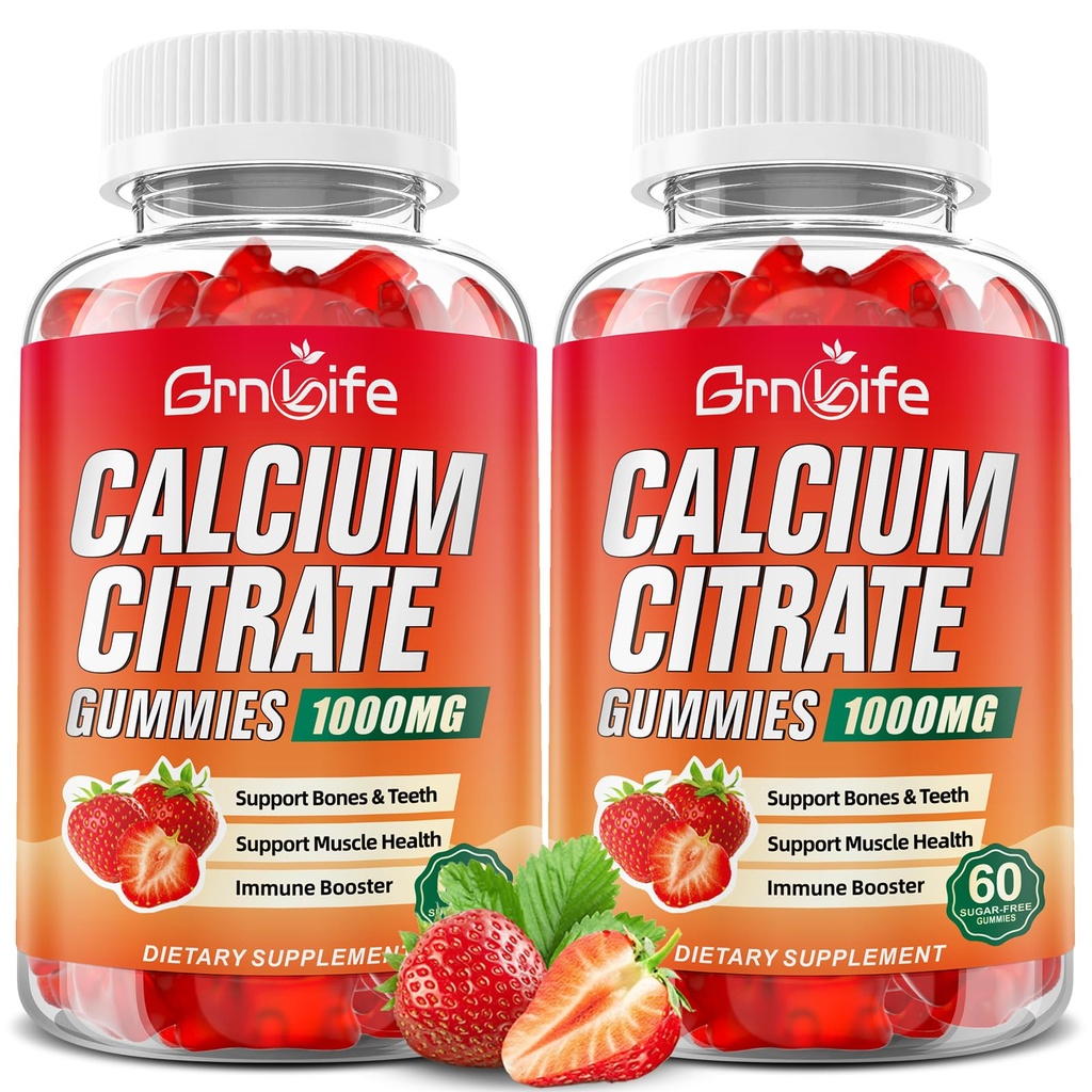 2 Pack Calcium citraat Gummies, Sugar Free Calcium citraat 1000mg voor spier gezond, Absorptie Calcium Supplementen voor volwassenen & kinderen, aardbei, 120 Tellen