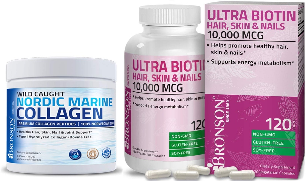 Bronson Marine Collageen Peptides Gehydrolyseerd Proteïne Poeder + Ultra Biotin 10.000 Mcg Haarhuid en Nagels Supplement
