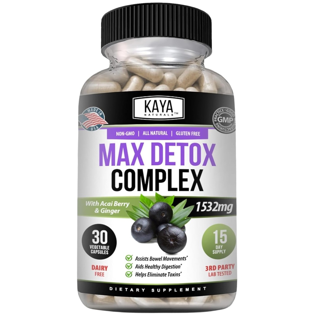 Kaya Naturals Max Detox Herbal Supplement - Natural Ingredients 1532 mg - Psyllium Powder, Acai Berry Extract, Ginger Root 30 Count