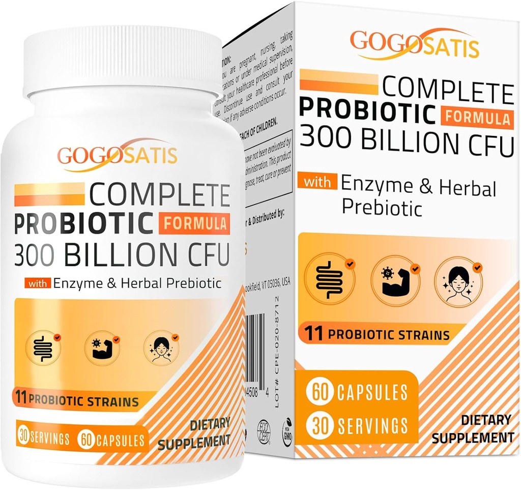 Probiotiques pour les femmes et les hommes, 300 milliards CFU 11 souches + enzymes à base de plantes biologiques et digestives, probiotique pour la santé digestive, le gaz et le blottis, l'immune, la santé gustative pour les femmes et les hommes, plateau stable, 60 capsules