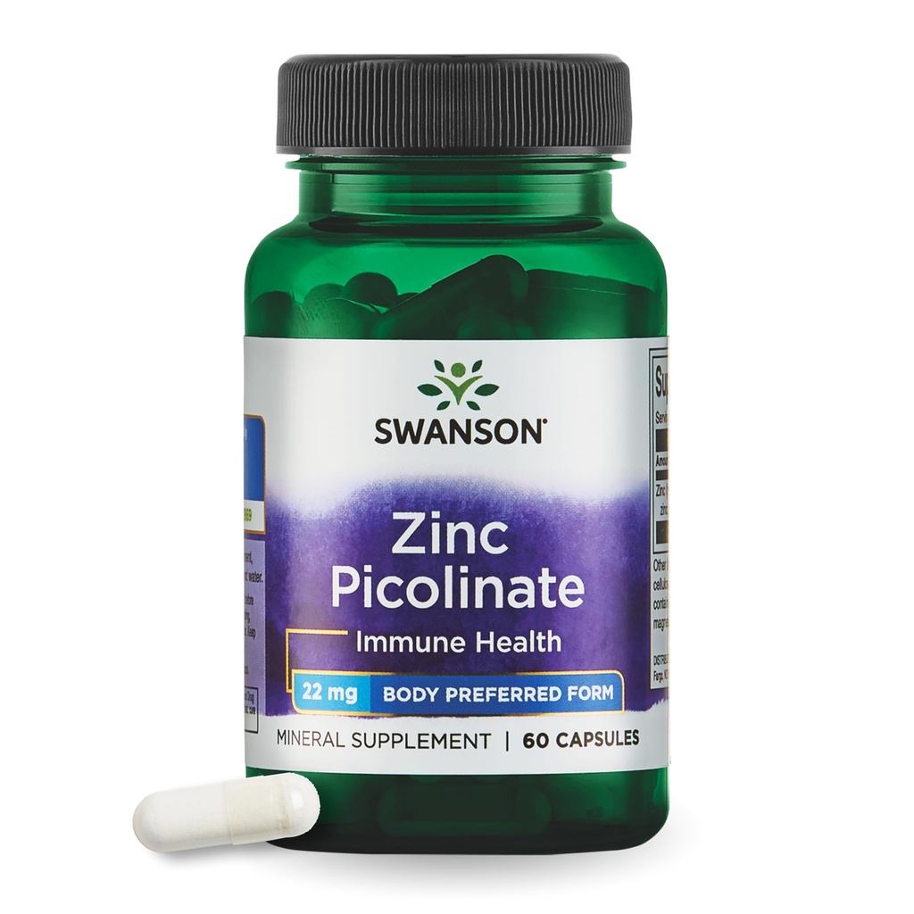Swanson Zink Picolinaat - Mineral Supplement Prostate Health, Vision Health, & Immune Support - Body Preferred Form of Chelated Zink - (60 Capsules, 22mg Each)