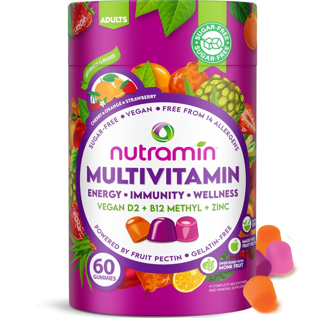 NUTRAMIN Daily Vegan Keto Multivitamin Gummies Non-GMO Natural Vitamin C D + Zinc for Immunity, Plant-Based, Sugar-Free, Nut-Free, Gluten-Free, Biotin, Vitamin A, B, B6, B12 60 Ct, 30 Days (60 Count)