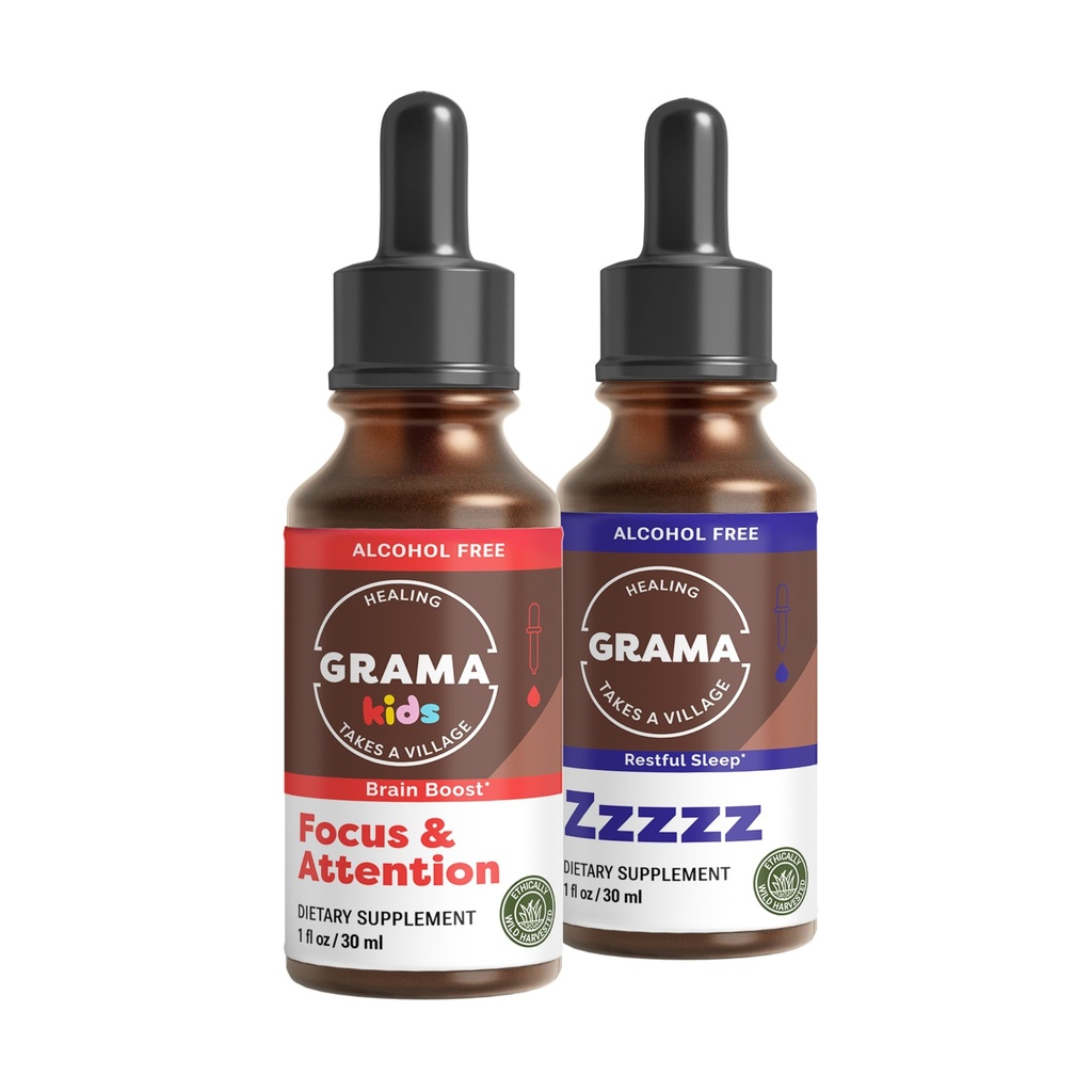 Grama Wellness Focus & Attention Kids Brain Support Drops + Zzzzz Organic Sleep Aid Tincture, Cognitive Focus & Nighttime Calm Bundle, Alcohol-Free, Made in USA