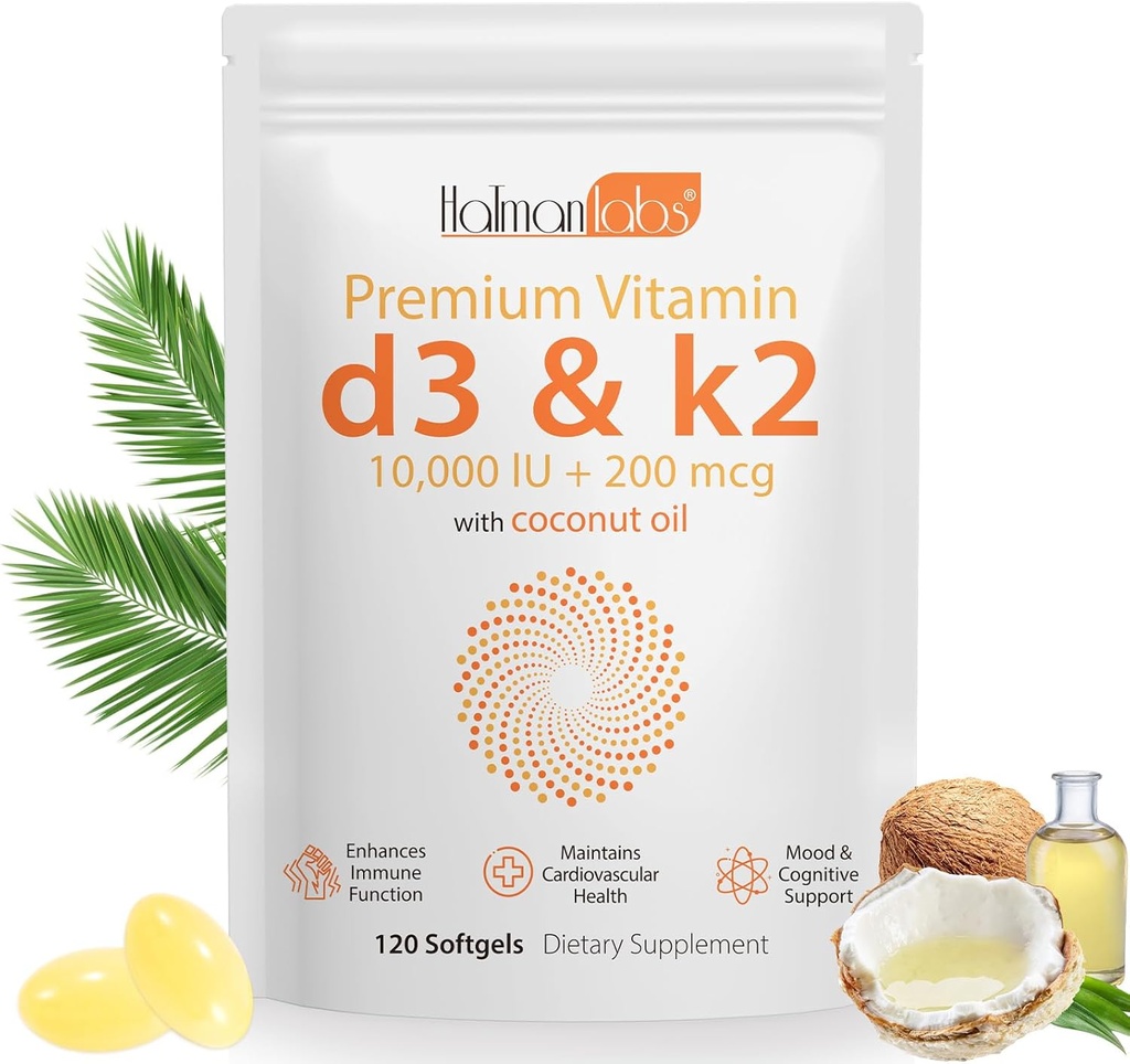 Vitamine D3 K2 Supplement Softgel,2-in-1 Micro Ingrediënten Vitamine D3 10000 IE + 200 MCG Vitamine K2,Coconut Oil Softgels, Vrij van GGO, Supplement Softgel (120Pcs)