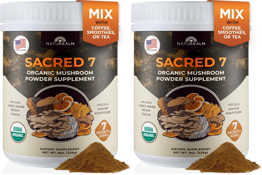 Naturealm Sacred 7 Organic Mushroom Powder Supplement - Pack of 2 - Mushroom Blend with Lion's Mane, Reishi, Chaga, Cordyceps, Turkey Tail, Maitake & Shiitake - 8oz per Pack