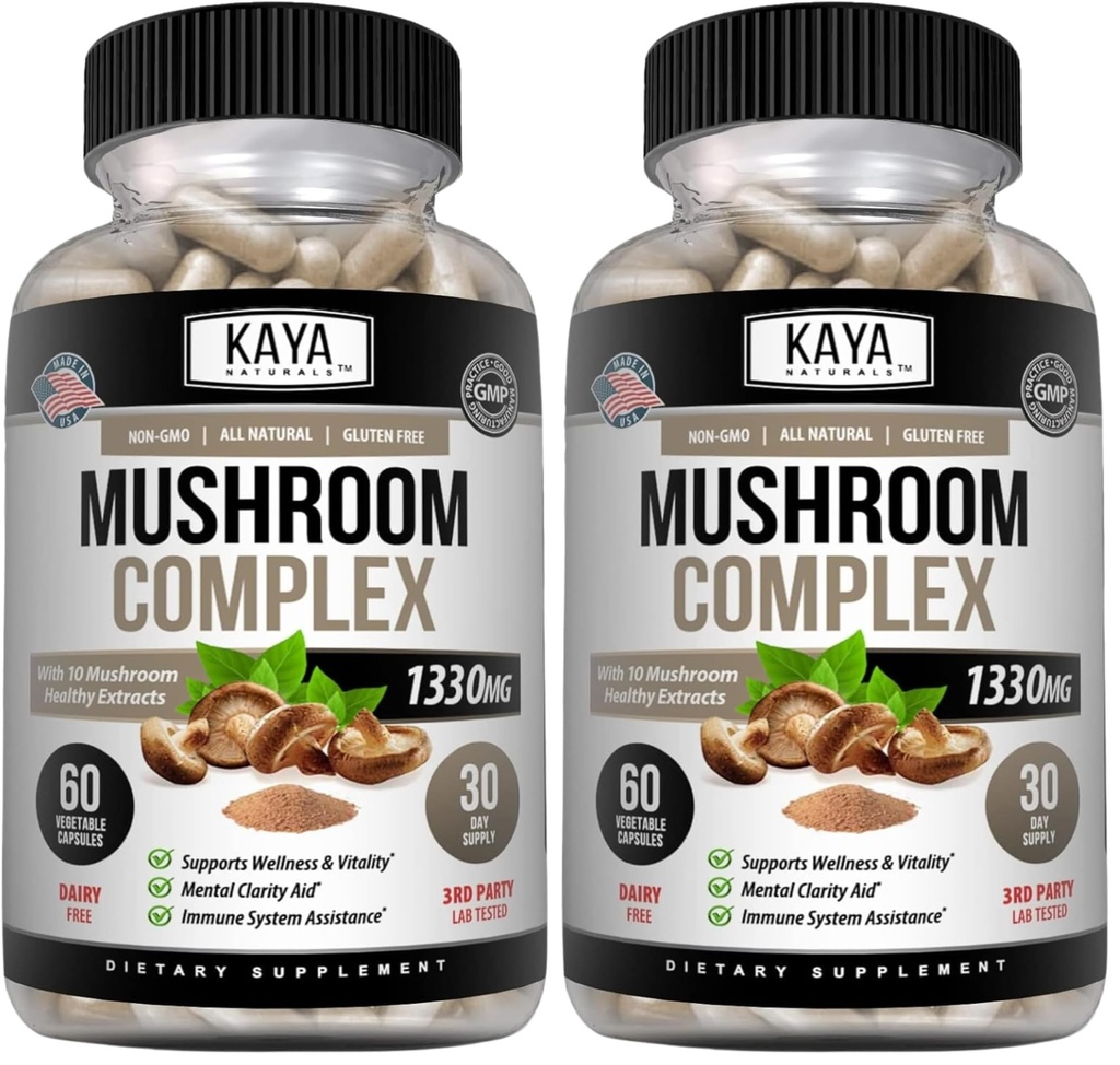 Kaya Naturals Premium Mushroom Complex Potent - Mushroom Complex Capsules 1330mg Per Serving - Aids Mental Clarity Supports Immune System, Wellness & Vitality - 60 Count (Pack of 2)