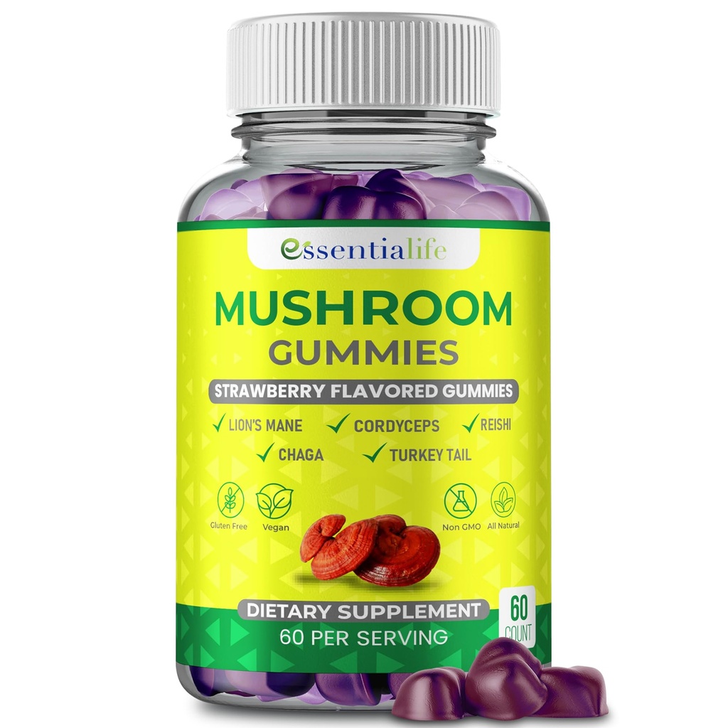 Mushroom Gummies Lions Mane Supplement Mushroom Supplement with Lions Mane, Turkey Tail, Cordyceps, Reishi, Chaga Extract | Brain Health and Immune Support Gummies, 60 Count