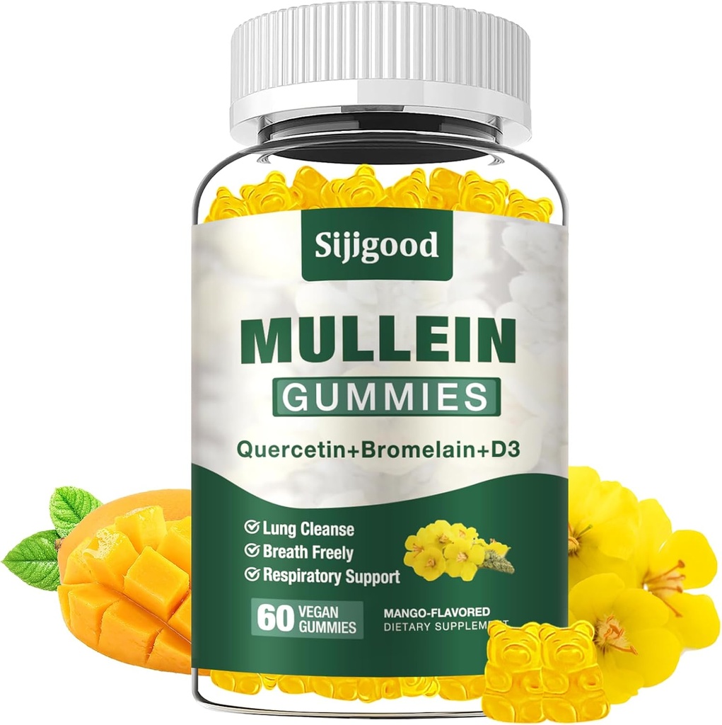 Mullein Gummies for Longs, Mullein Leaf Extract Supplement for Digestief & Respiratory & Immuun Support with Bromelain, Quercetin, Mango Flavor, 60 Count