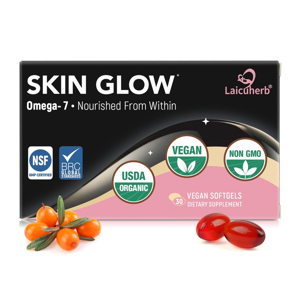 Skin Glow Sea Buckthorn Oil Capsules Support Face, Hair & Nails with Omega 3 6 9 & 7, Co2 Extracted, USDA-Certified Himalayan Sea Buckthorn Berry Omega 3 Supplement Support Skin Hydration & Elasticity