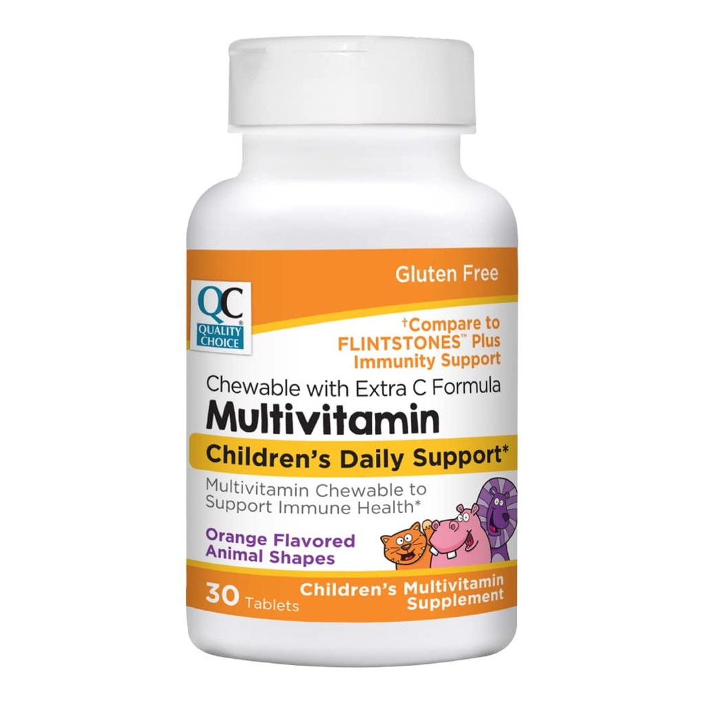 Kwaliteitskeuze, Kauwbare dierlijke vorm Kinderen Multivitamine met Extra Vitamine C, Kinderen Dagelijkse Ondersteuning Oranje Flavored Multivitamine Immune Health Supplement, 30 Telfles
