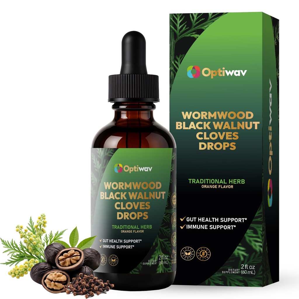 Wormwood Black Walnut Cloves Liquid Drops - Sweet Wormwood Herbal Supplement for Natural Detox Cleanse Gut Health & Immune Support - Alcohol Free Sugar Free Gluten Free Orange Flavor 2 fl oz