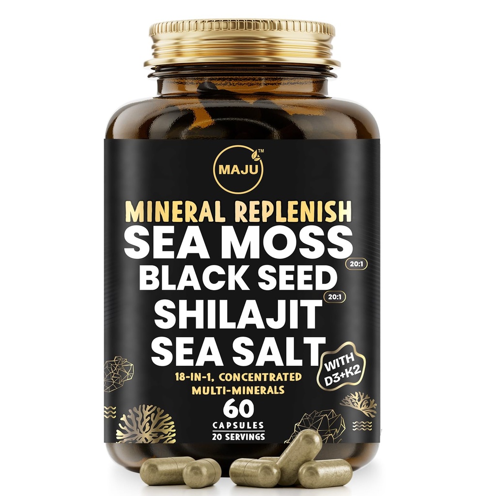 Maju Superfoods 18-en-1 Moss de mer, Graines noires, Shilajit, Sel de mer + D3 & K2, Extraits concentrés, Trace Multi Mineral Capsules, pour hommes et femmes suppléments d'électrolytes minéraux