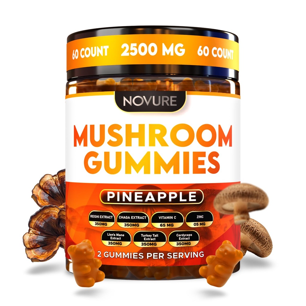 2500 MG Mushroom Gummies, 14 in 1 Blend with Lions Mane, Cordyceps, Turkey Tail, Reishi, Chaga, Maitake, Zinc, Vitamin C and B, Mushroom Gummies for Adults (60 Count, Pineapple)