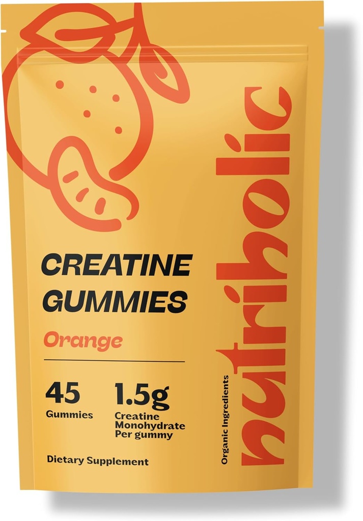 Gommies monohydratées de créatine pour les hommes et les femmes - Facile à digérer, végétalien, sans gluten, non-OGM, 1,5g de créatine par gummy - 45ct (45 comte, orange)