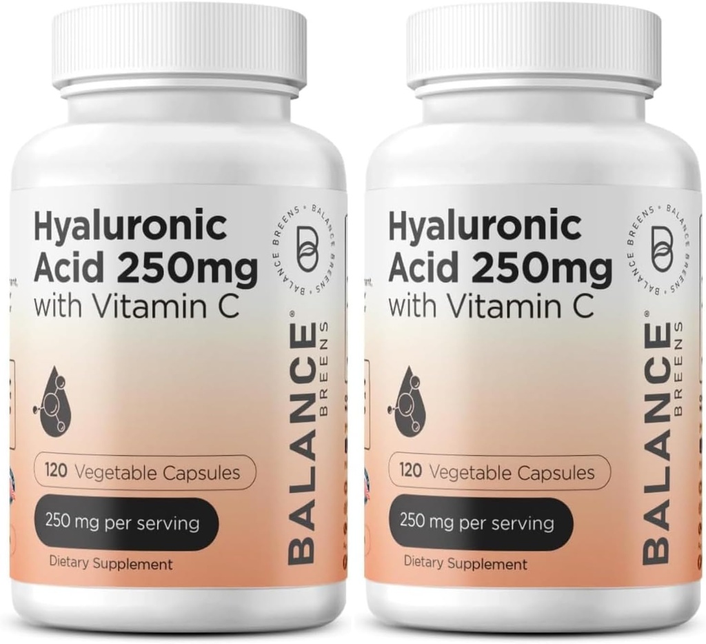 Supplément d'acide hyaluronique pur 250mg avec vitamine C 50mg, 120 Capsules Vegan - Hydratation de la peau pour Glow naturel, cheveux, ongles, os et formule de santé articulaire