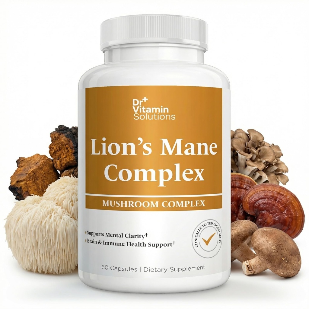 Lion's Mane Mushroom Supplement 500 mg – Brain & Immune Health Blend with Fruiting Body Lion's Mane, Chaga, Maitake, Shiitake & Reishi – Memory, Focus & Cognitive Support, Non-GMO, 60 Veg Capsules