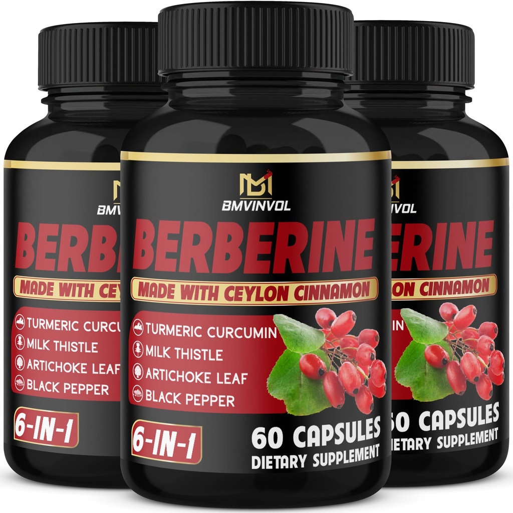 (3 verpakkingen) Berberine Supplement Plus Ceylon Cinnamon, Melkdistel, Kurkuma, Artichoke Leaf, Black Peppe - 6 maand levering - 180 capsules Totaal
