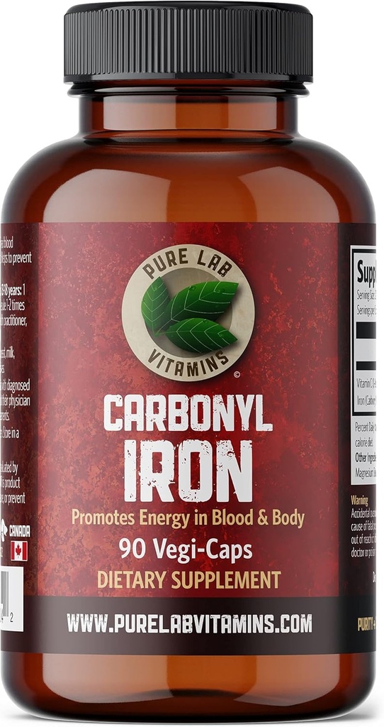 Pure Lab Vitamins Carbonyl Iron - 90 Vegan Caps Unique Formulation of Metallic Iron with VIT C, Superior Bioavailability - Non-Constipating, Supports Red Blood Cell Formation Made in Canada