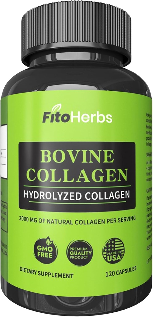 Vegan Bovine Collagen Capsules - Krachtige supplementen voor mannen en vrouwen - Gehydrolyseerde Bovine Collagen Peptides Supplement voor Gezamenlijke, Nerve & Bone Support - Gras Fed, Non-GMO - 120 Capsules