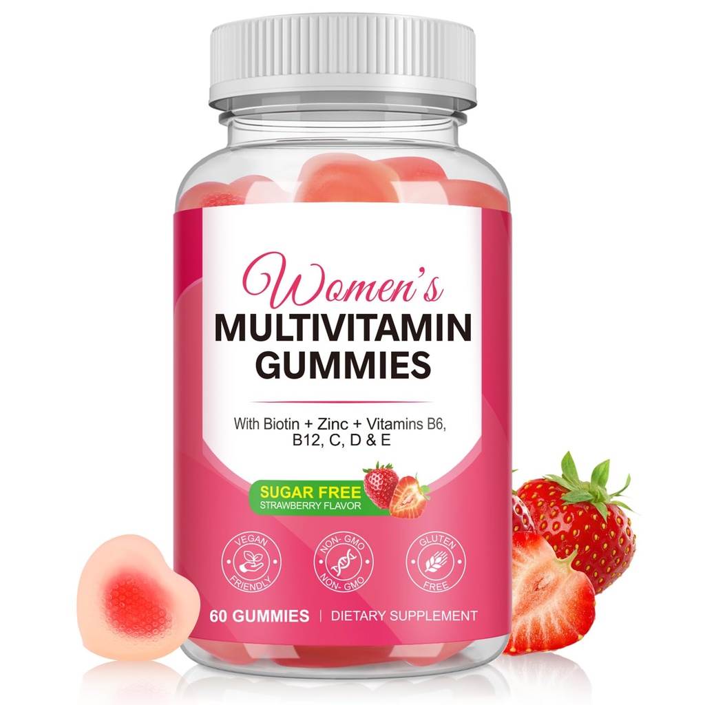 Multivitamin for Women, Womens Multivitamin Gummies with Minerals, Biotin + Zinc + Vitamins B6, B12, C, D & E,100% Natural Strawberry Flavor,No Sugar,60 Gummies
