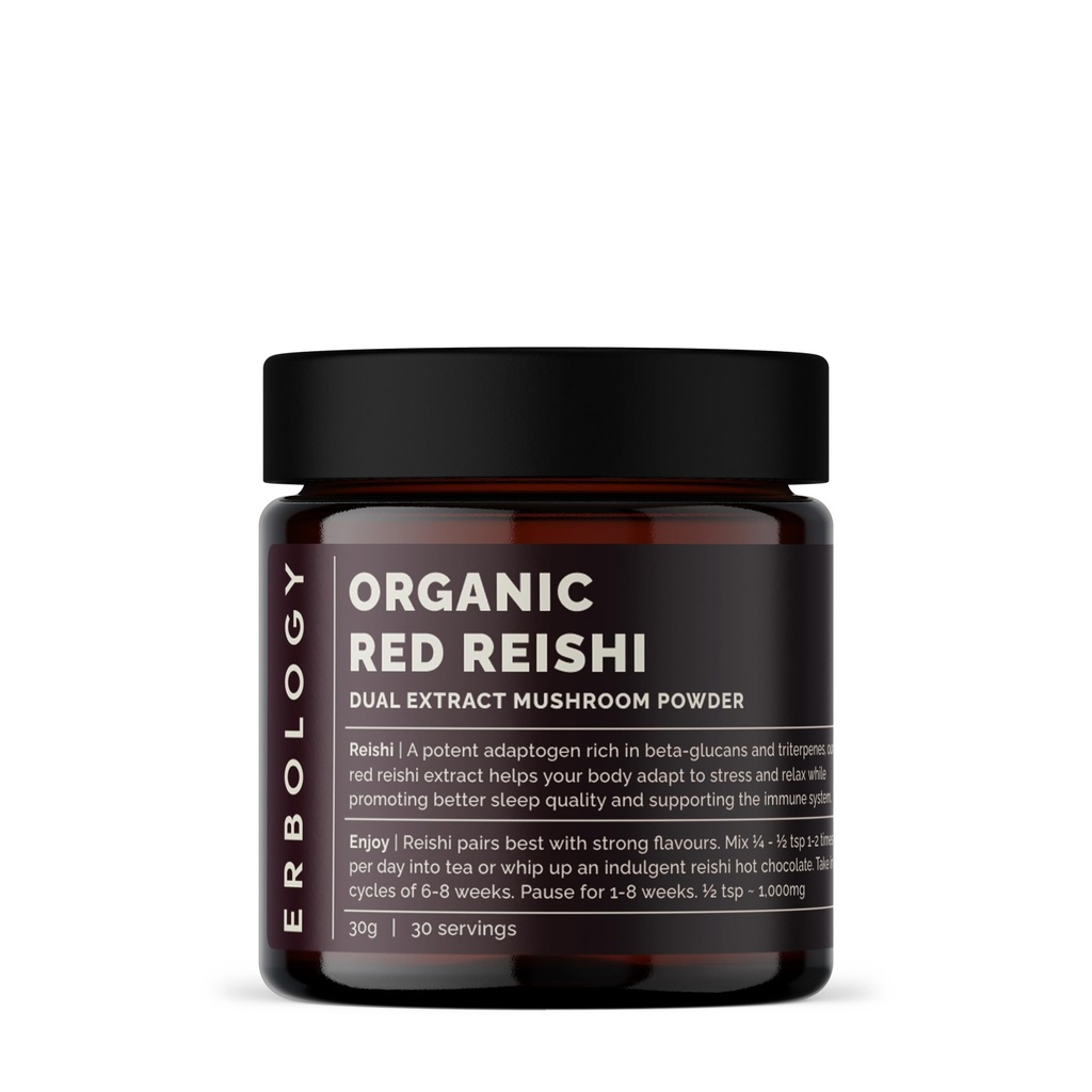 Erbology Organic Reishi Dual Extract Powder 30 Servings - 18% Beta-glucans - Immunity Support - Ganoderma Lucidum - Small Batch - Sustainably Grown in Europe - Vegan - Non-GMO - No Added Fillers