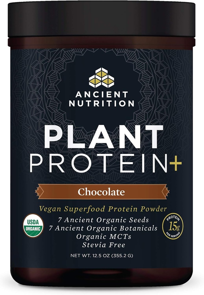 Ancient Nutrition Plant Based Protein Powder, Plant Protein+, Chocolade, Biologische Vegan Superfoods Supplement, 15g Proteïne Per Serving, Glutenvrij, Paleo Vriendelijk 12 Serveren