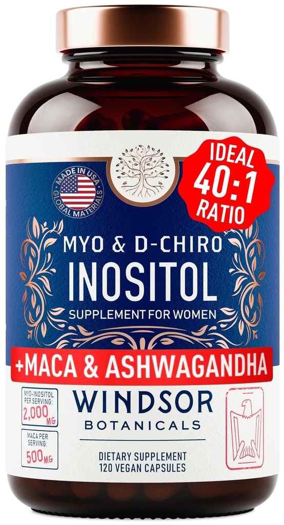 Myo-Inositol & D-Chiro Inositol 40:1 Ratio 2,000 mg - PCOS Supplements with Maca Root & Ashwagandha - Ovarian Health Support Vitamins - Hormone & Fertility Supplements for Women - 120 Vegan Caps