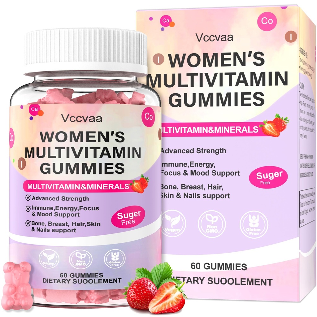 Sugar Free Multivitamin Gummies for Women 14+ with Iron, Inositol, Folate, Vitamins A C D3 E B12 K2, Herbal & Mineral Blend, Daily Vegan Gummy for Hair, Skin, Energy, Immune Support – 60 Count