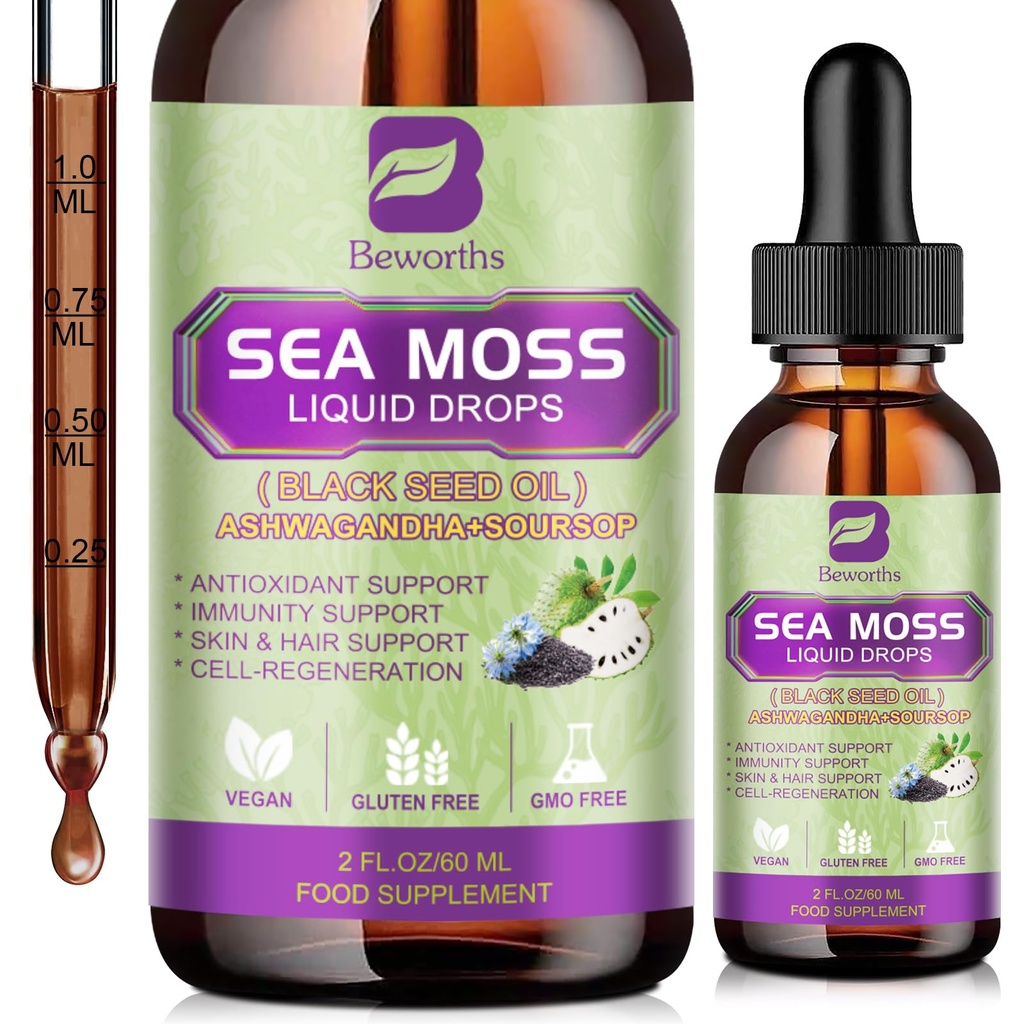 Sea Moss Liquid Drops with Black Seed Oil & Ashwagandha - Organic Irish Sea Moss, Bladderwrack, Burdock Root, Elderberry, Soursop & Turmeric - Seamoss Supplement for Immune, Gut Health, Hair Support
