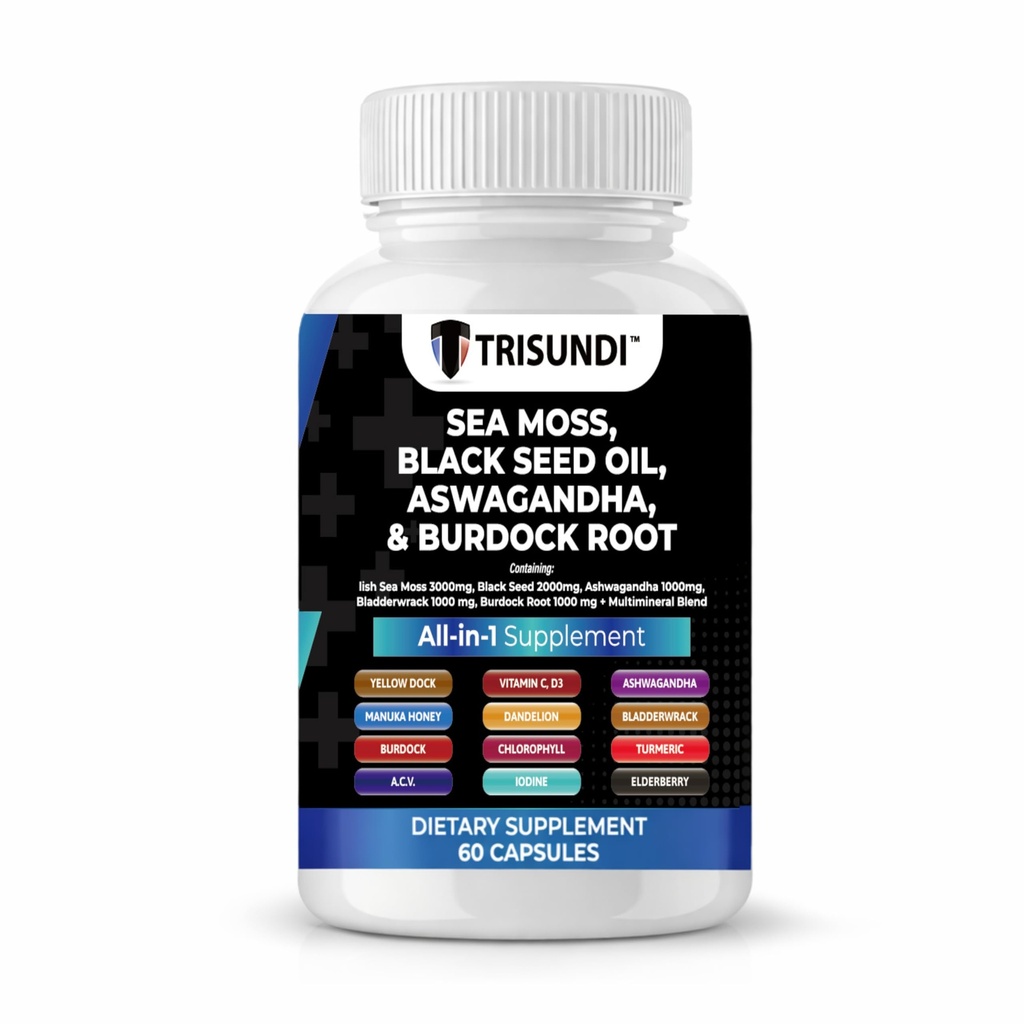 Trisundi® Sea Moss Complex with Black Seed Oil, Ashwagandha & Burdock Root – All-in-One Herbal Supplement with Vitamins & Minerals – 60 Capsules