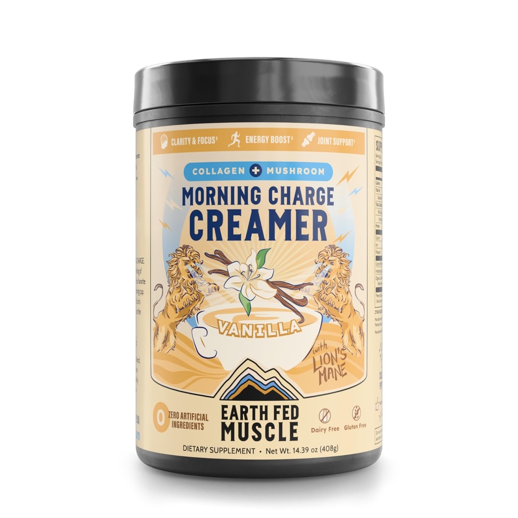 Earth Fed Muscle Vanilla Protein Coffee Creamer Powder - Collagen Peptides, Lion's Mane, Coconut Milk, Non-Dairy - Morning Charge - Focus + Joint Support - 24 Servings