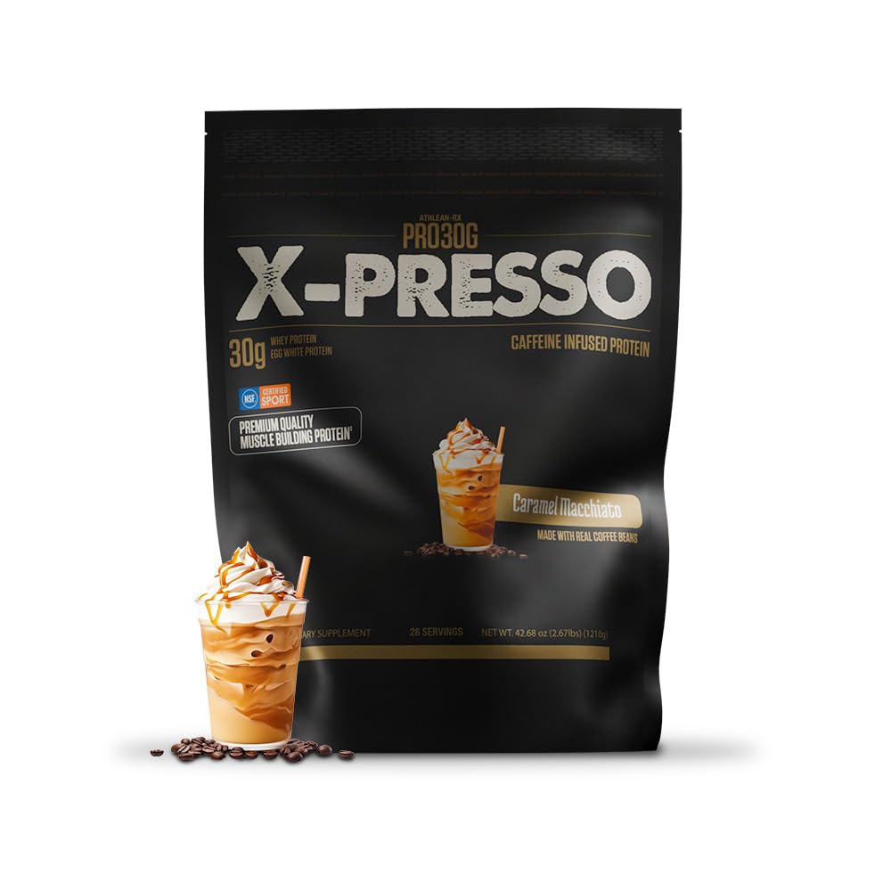 ATHLEAN-X PRO-30G, Xpresso Premium Caffeinated Protein Powder, Caramel Macchiato, Gluten-Free, Low Sugar, 30g of High Protein Powder for Muscle Recovery & Growth, NSF Certified for Sports