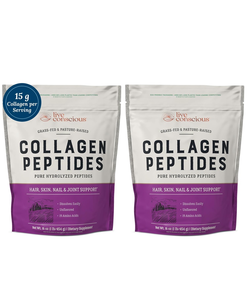 Live Conscious Collageen Peptides Powder - Hair, Skin, Nail, and Joint Support - Type I & III Collageen - Naturallyzed Protein - 16oz (2-pack)