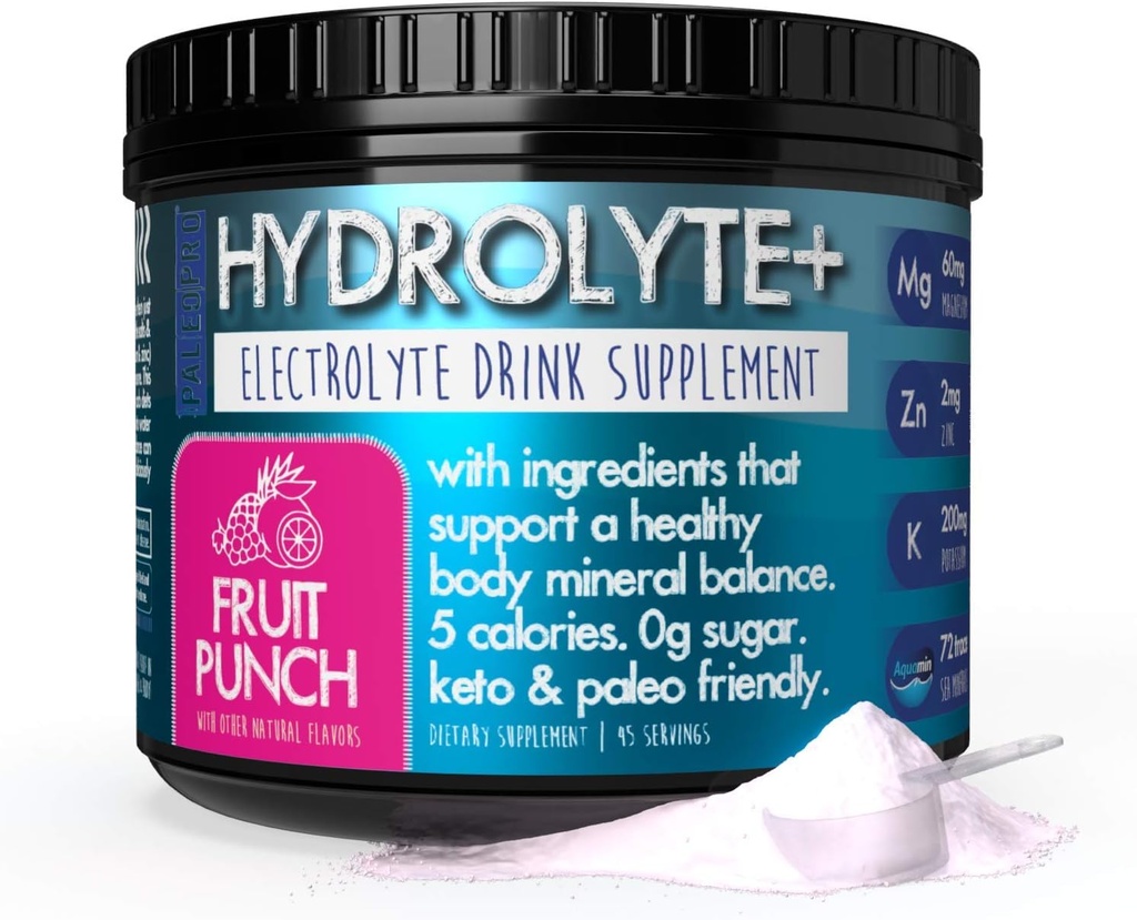Paleo Pro HYDROLYTE+ Electrolyte Powder Drink Mix, Hydration Supplement, 0g Sugar, 1g Carb, Keto & Paleo Friendly, 45 Servers, Geen kunstmatige ingrediënten (Fruit Punch)