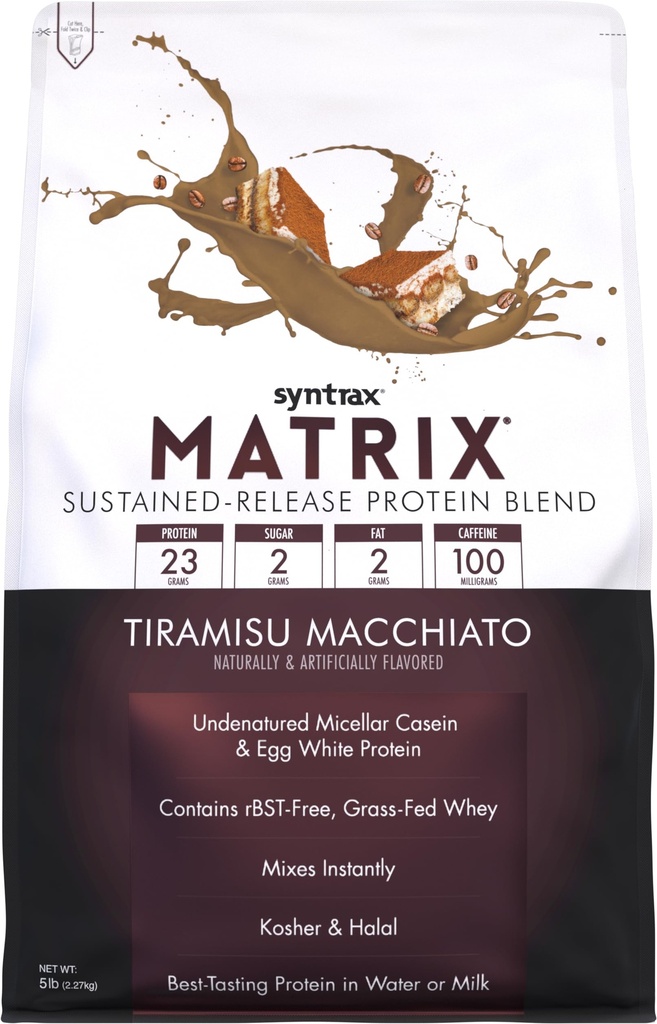 Syntrax Nutrition Matrix - Sustained-Release Protein Blend, Tiramisu Macchiato 5 lbs. 100mg Caffeine | Whey Protein, Micellar Casein, Egg Albumin
