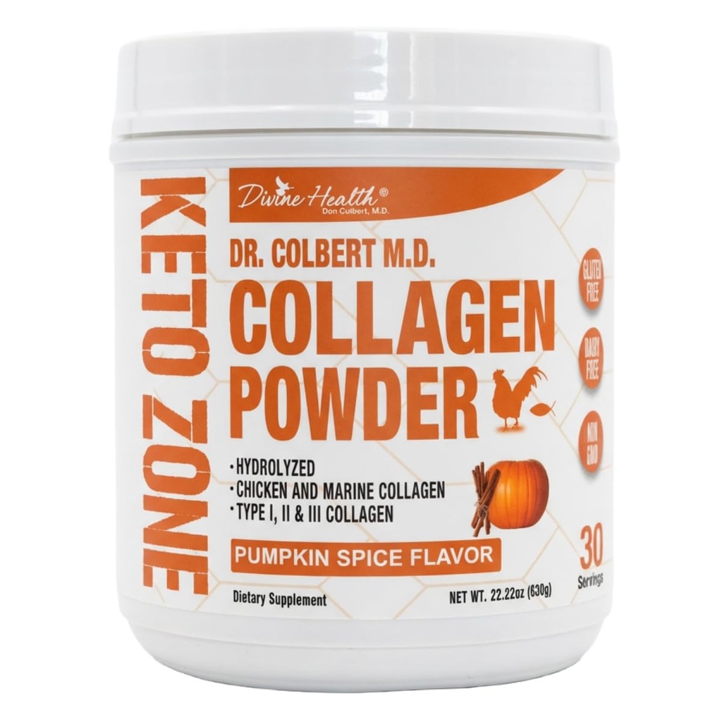 Dr. Colbert, MD Hydrolyzed Collagen Powder | Pumpkin Spice Flavor | Divine Health | Type I, II, III Chicken & Marine | Hair, Skin & Nails | Recommended in Keto Zone | 630g | 30 Servings