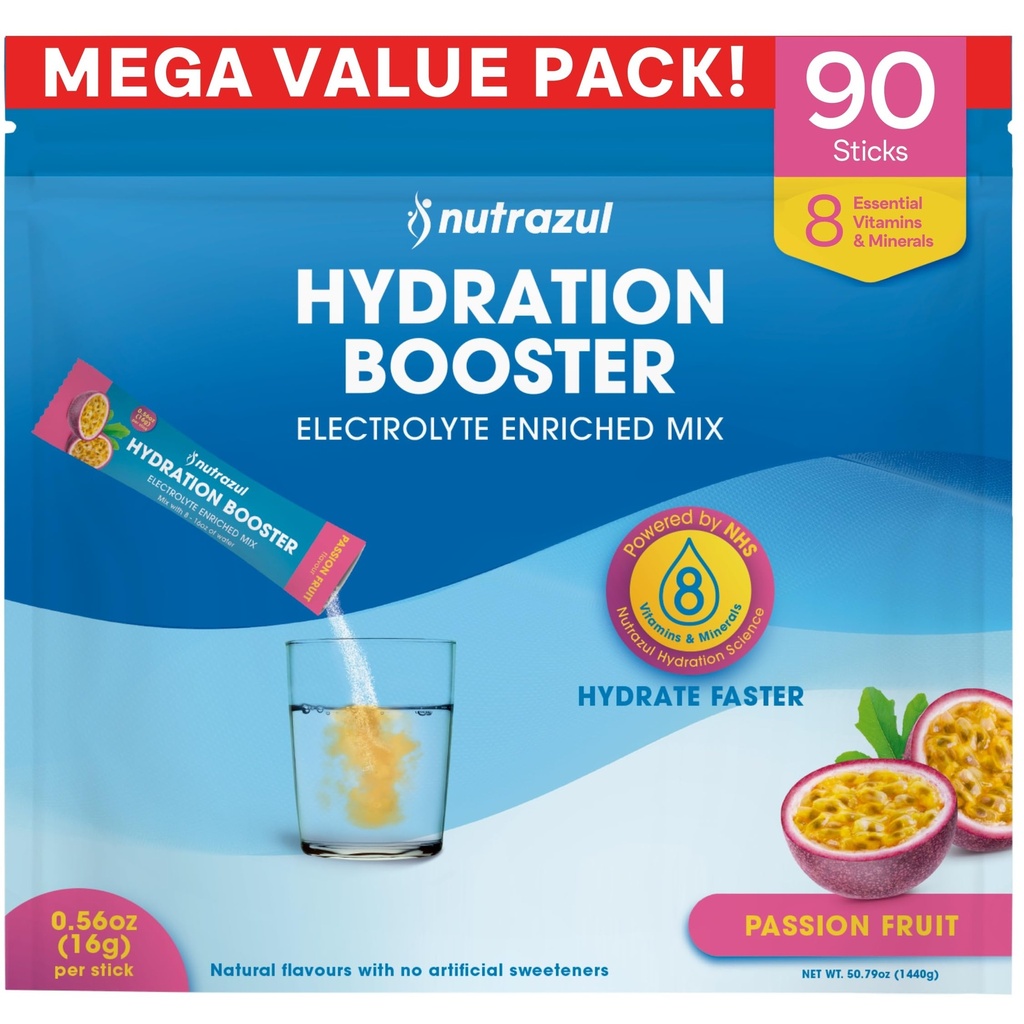 nutrazul Hydration Booster, Electrolytes Powder Sticks with Sodium, Potassium, Vitamin B6 & B12, No Artificial Sweeteners, Passion Fruit Flavor, 90 Sticks
