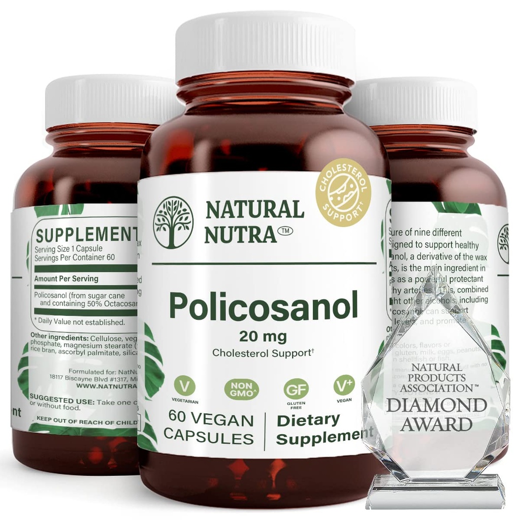 Natural Nutra Policosanol 20mg with Octacosanol, Supplement to Promotes Fluid Circulations, Improve Blood Circulation, Supports Maintain Fat Level, Improves Cardiovascular Health, 60 Vegan Capsules