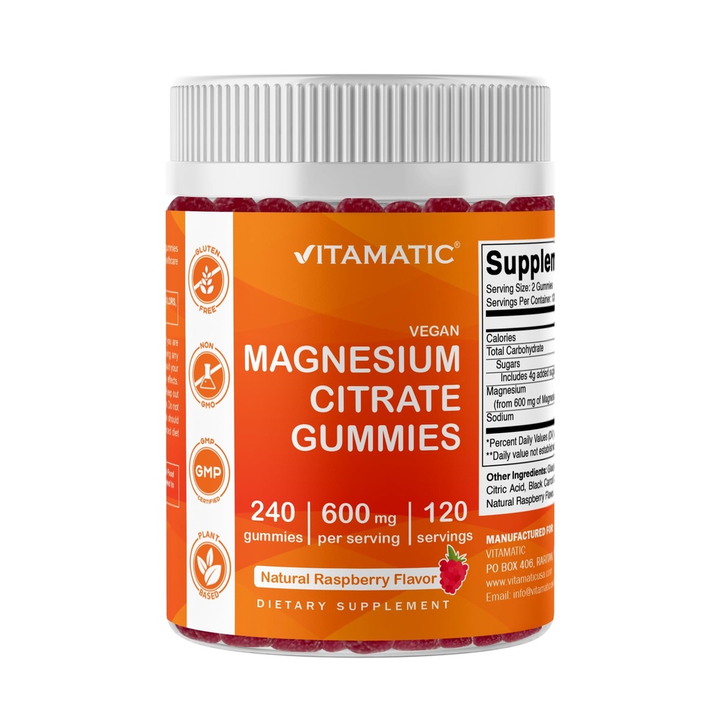 Vitamatic Magnesium Citrate Gummies 600mg per Serving - 240 Vegan Gummies - Natural Raspberry Flavor - Hoge Absorptie Magnesium Supplement - Ondersteunt nerve, bot en spiergezondheid