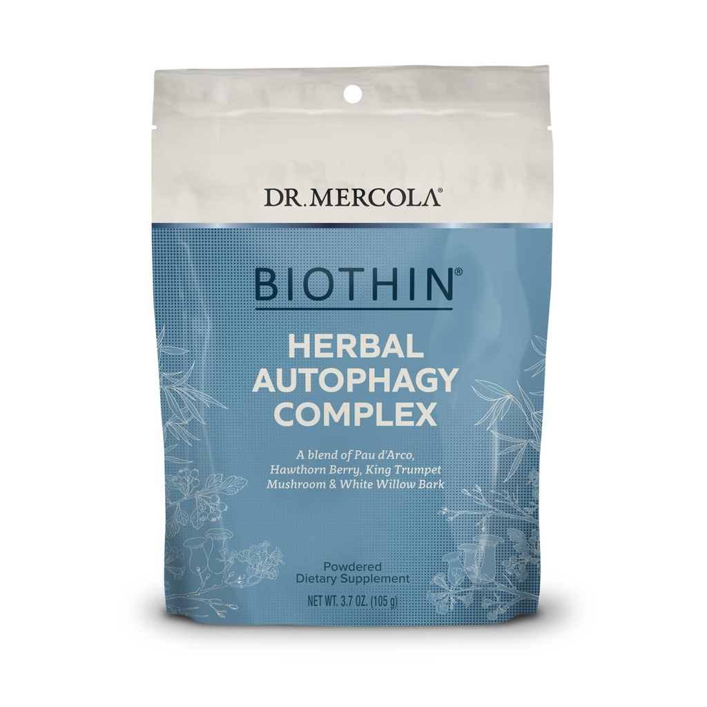 Dr. Mercola Biothin Herbal Autophagy Complex Powder with PAU d'Arco, Hawthorn Berry, King Trumpet Mushroom, and White Willow Bark, 30 Servings