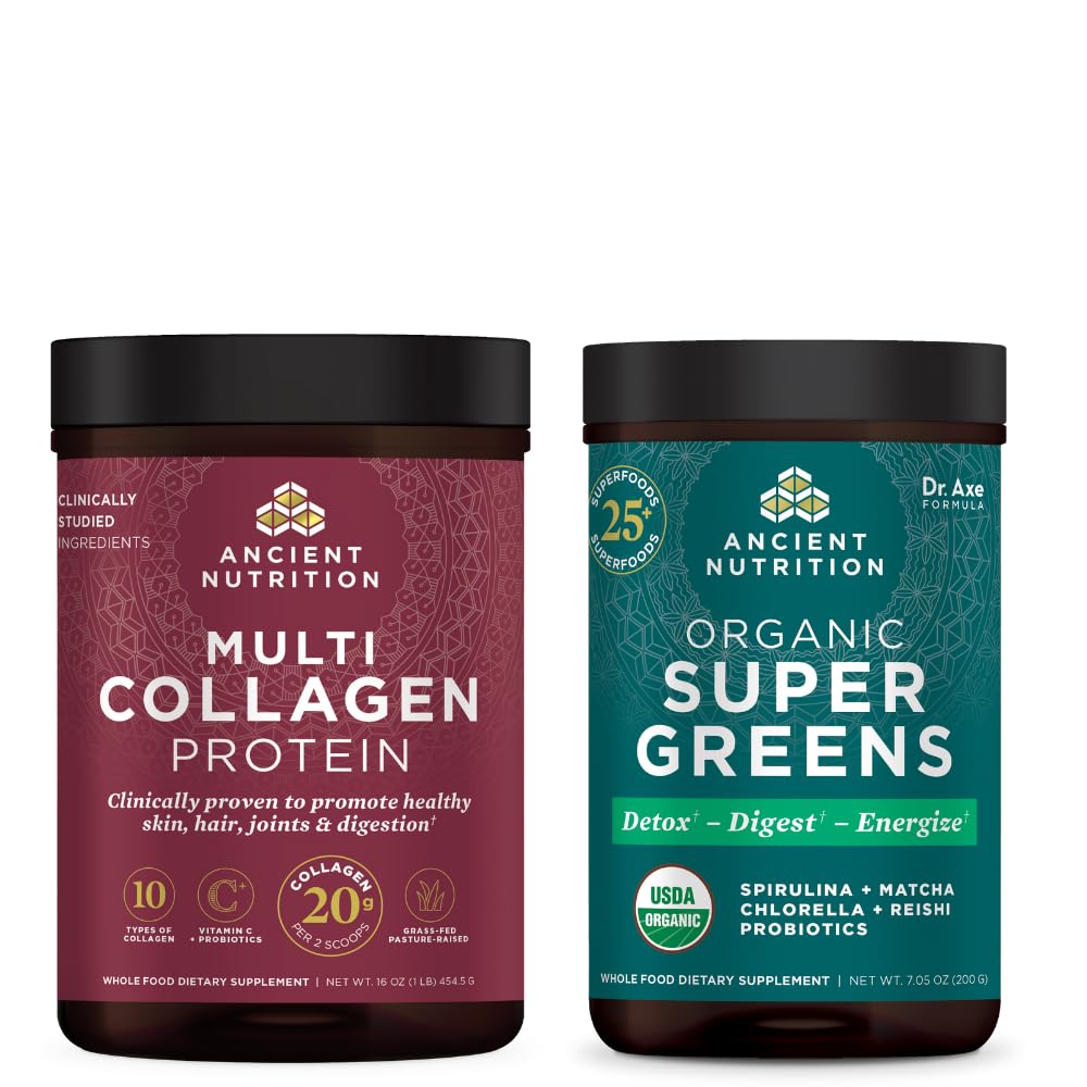 Oude Voeding Biologische SuperGreens Poeder, 25 Serves + Multi Collageen Proteïne Poeder, Unflavored, 45 Servers