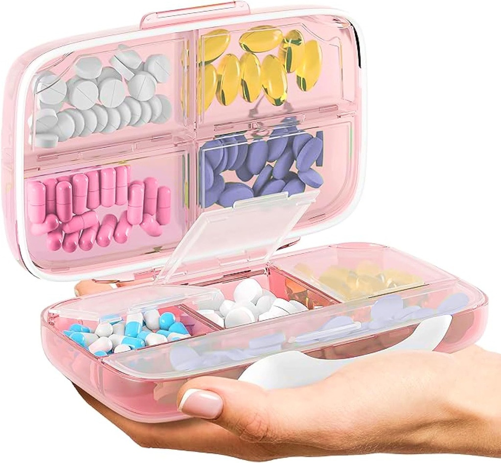 Organisateur de pilules de voyage - Cas de médicaments hermétiques pour voyager Boîte de pharmacie portable avec étiquettes Conteneur de vitamine 8 Supplément de compartiment Titulaire de médicaments Grande capacité quotidienne (Pink)