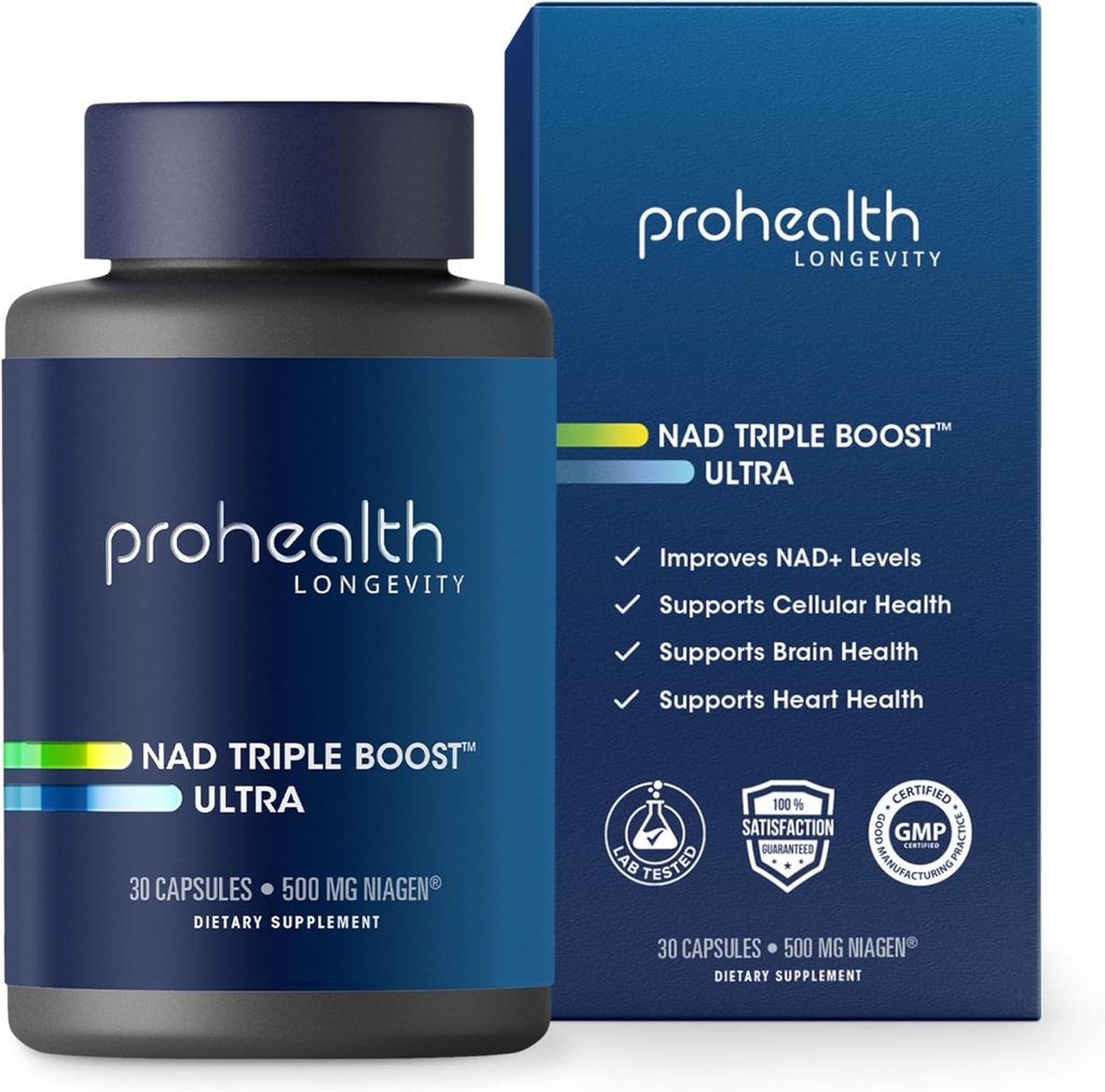 ProHealth NAD Triple Boost Ultra + 500mg Niagen NR. 3X NAD+ Optimizer Plus Apigenin, PQQ, Quercetin. Bevordert de levensduur, de gezondheid van het hart en het brein, activeert Sirtuins voor celreparatie (30 porties)
