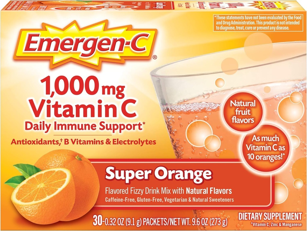 Emergen-C 1000mg vitamine C poeder voor dagelijkse Immune ondersteuning Cafeïnevrije vitamine C supplementen met zink en Mangaan, Super oranje smaak - 30 Tel.