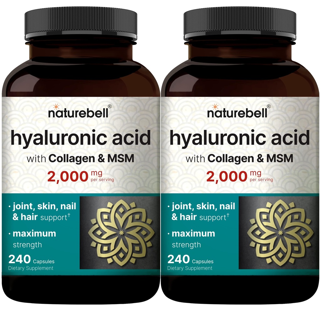 NatureBell 2 Pack Hyaluronzuur Supplementen 2.000 mg Totaal Capsules, met MSM & Gehydrolyseerde Bovine Collageen 3 in 1 Ondersteuning voor huidhydratatie, gewrichtssmeermiddel, haar en ooggezondheid