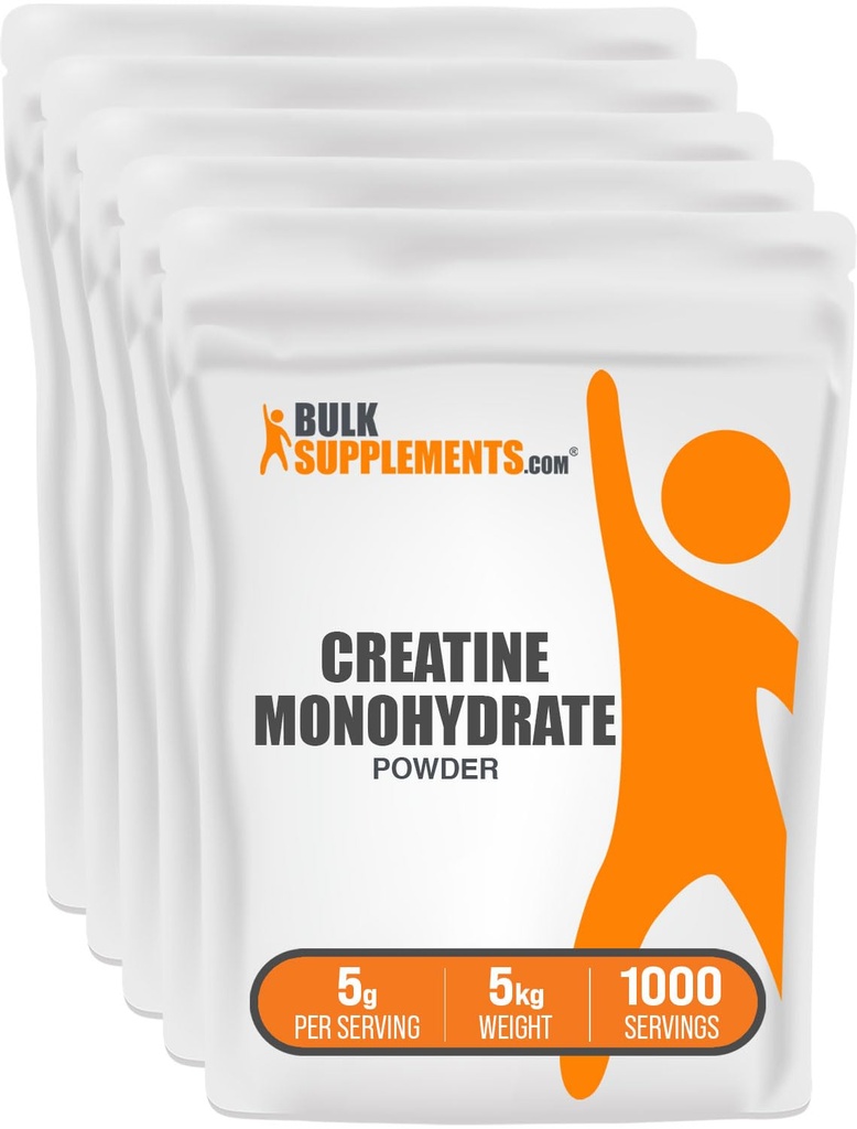 BulkSupplements.com Creatine Monohydraat Poeder - Creatine Supplement, Micronized Createine, Createine Powder - Unflavored & Gluten Free, 5g (5000mg) per portie, 5kg (11 lbs) (Pack of 5)