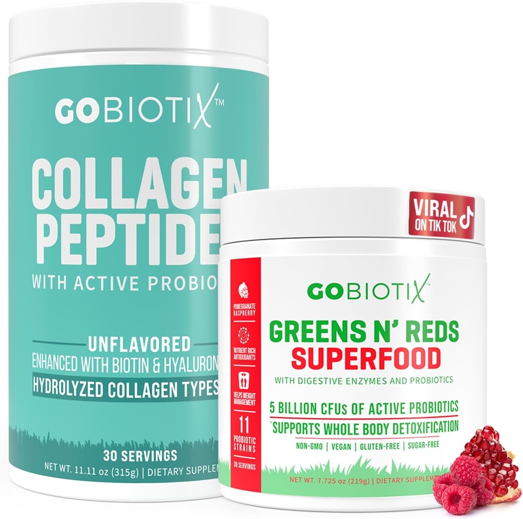 GOBIOTIX Super Greens & Collagen Bundle - vitaliteit Boost met Organische Spirulina & Hair-Skin-Nails ondersteuning - 30 porties elk